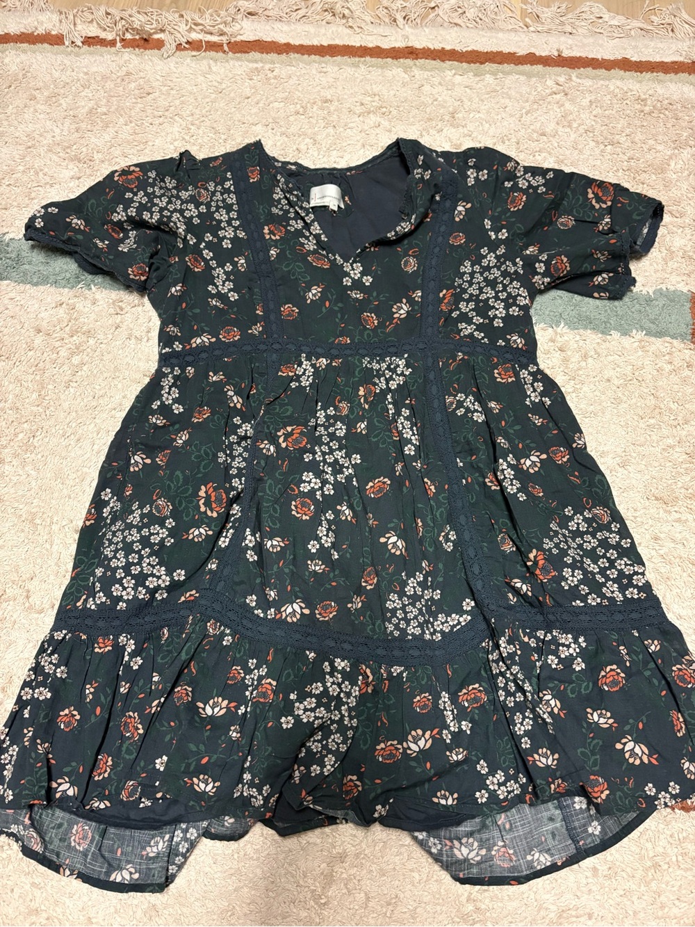Dark Blue Floral Boho Short Sleeve Dress